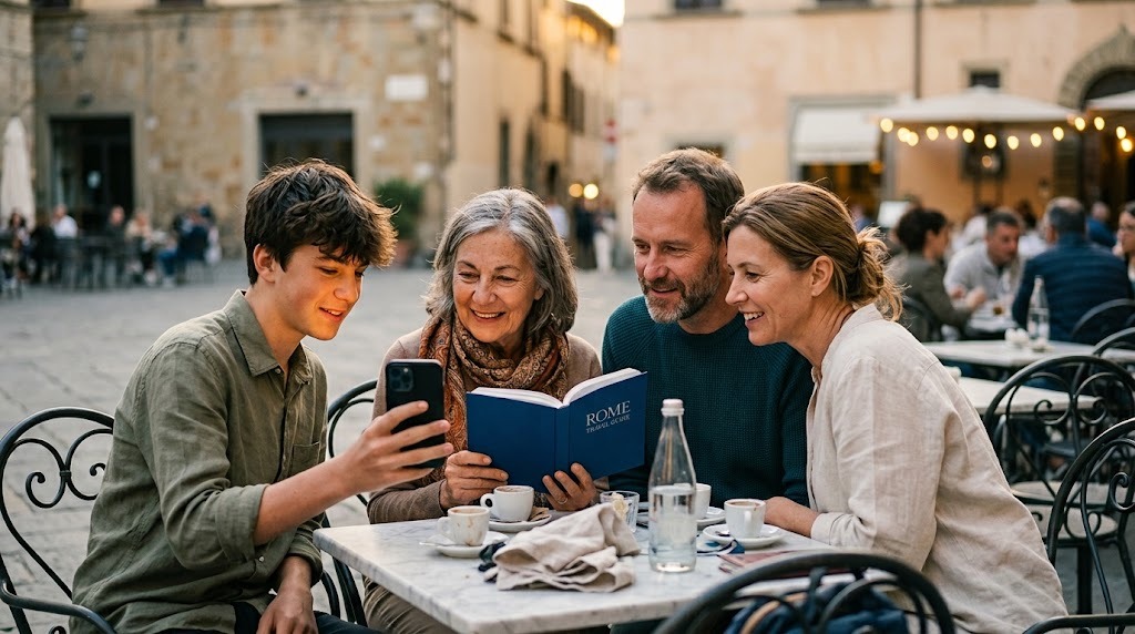 A family at an outdoor cafe looking together at a phone and an open book