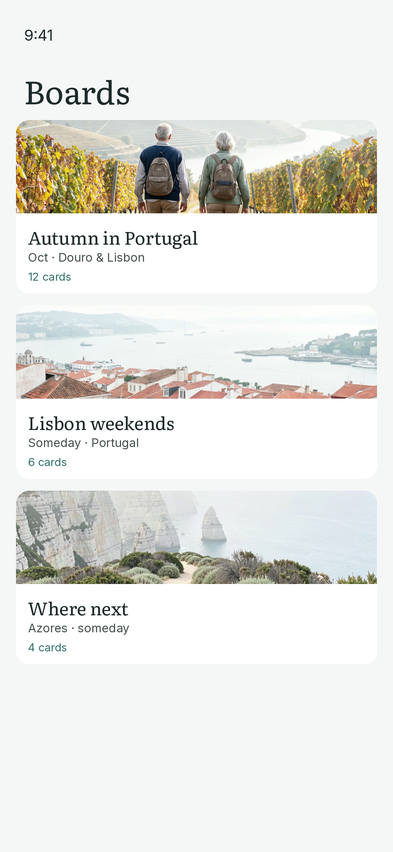 Boards on iPhone, with Autumn in Portugal, Lisbon weekends, and Where next