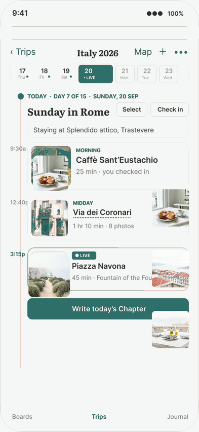 Trips day ledger on iPhone for Sunday in Rome, with today marked Live