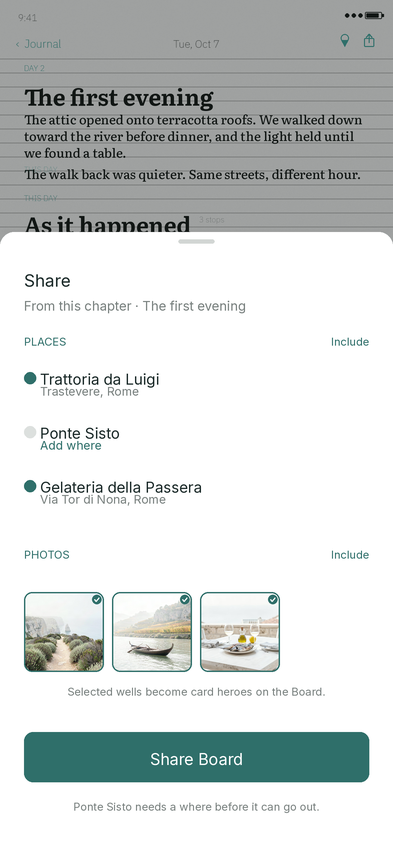 Share sheet on iPhone for choosing places and photos from a day to put on a Board